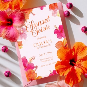 May include: A pink invitation with the text "Sunset Soir&eacute;e" and "OLIVIA'S 21ST BIRTHDAY". The invitation is decorated with orange and pink hibiscus flowers. The RSVP information is included. Pink decorative balls surround the invitation.