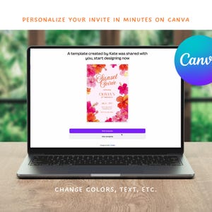May include: A laptop displays a party invitation template with the text "Sunset Soiree" and floral accents. The screen shows options to edit the template. The Canva logo is visible in the upper right corner. The text "Personalize your invite in minutes on Canva" is at the top.