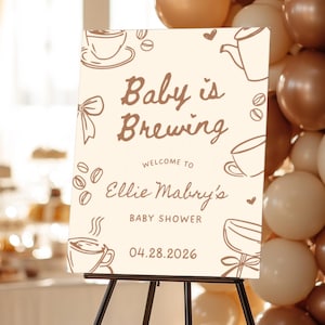 Baby is Brewing Welcome Sign Bundle, Coffee Lover’s Baby Shower Poster, Coffee Themed Baby Shower, Editable Canva, Digital Download Bundle