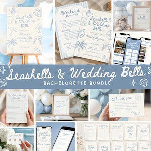 May include: A selection of light blue and white wedding stationery and digital mockups. The text "Seashells & Wedding Bells" is displayed. Includes invitations, itinerary cards, and game cards, all with a seaside theme.