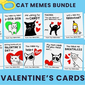 Cartes de Saint-Valentin avec mèmes de chat pour les classes d'enfants, imprimables pour les amateurs de culture sur Internet, pour les écoles entre ados, génération Z et génération alpha