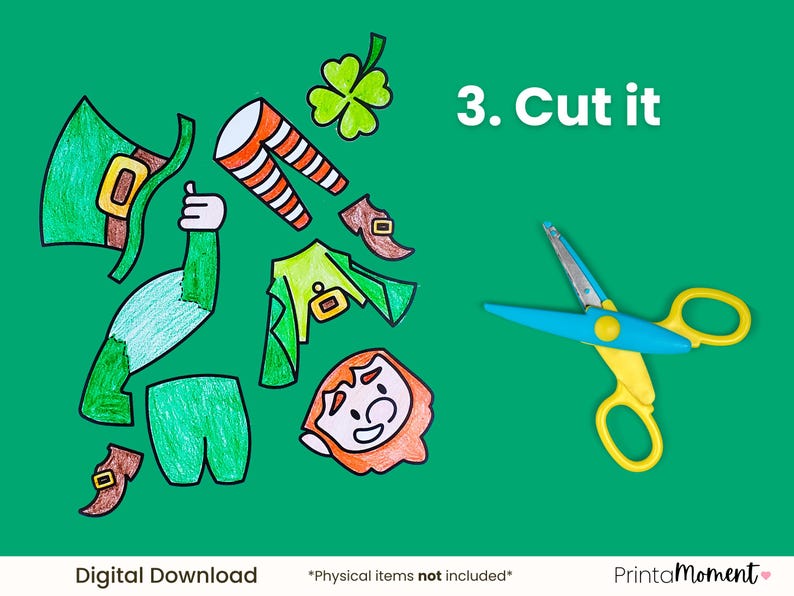 Step three: Cut out each body part of the leprechaun using scissors.
