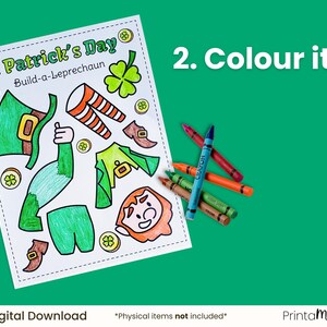 Step two: Colour each body part of the leprechaun using crayons, markers, or coloured pencils.
