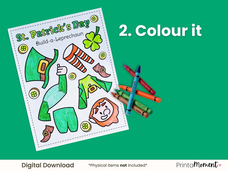 Step two: Colour each body part of the leprechaun using crayons, markers, or coloured pencils.