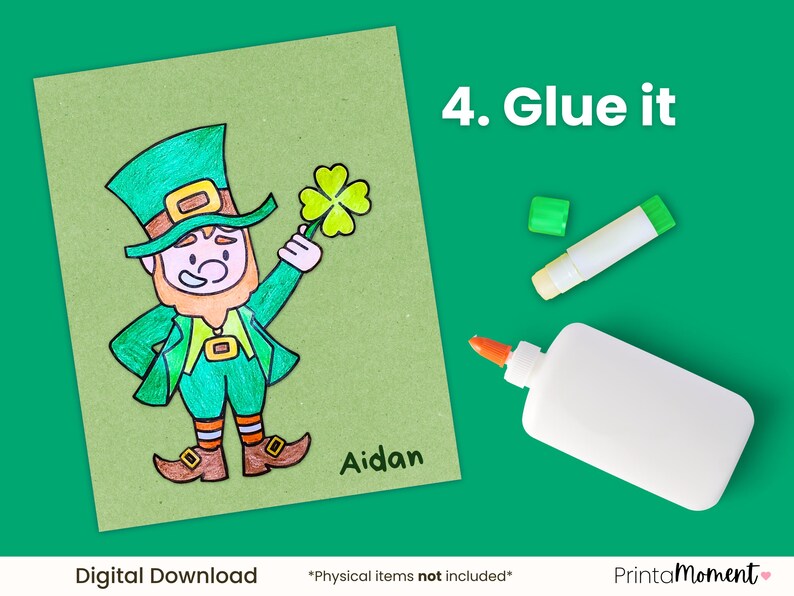 Step four: Glue each piece of the leprechaun onto another piece of construction paper or onto a popsicle stick.