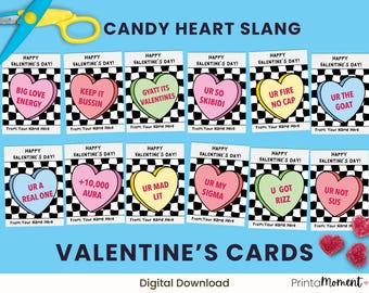 May include: Valentine's Day cards with candy heart slang phrases like "Big Love Energy" and "Ur So Skibidi." Each card features a heart on a black and white checkered background. The words "Valentine's Cards" are at the bottom.