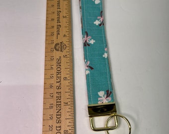 Feedsack Fabric Key Fob Key Chain Vintage Fabric teacher, coworker, family, friend’s Christmas gift idea aqua flower tan