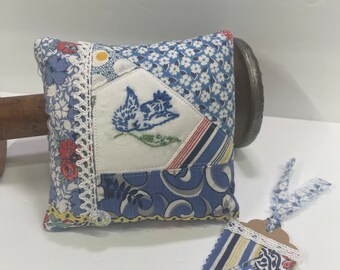 Feedsack and vintage embroidery Pin Cushion Kit Tiny Bluebird Crazy Quilt Style Vintage Linens