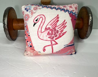 Vintage Feedsack and embroidery Pink Flamingo Floridian Pin Cushion Hand stitched vintage embroidery crazy quilt