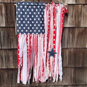 American Rag Ribbon Flag Americana Wall Hanging Porch Decor July 4th USA Handmade Farmhouse Boho