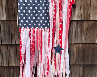 American Rag Flag Americana Wall Hanging Porch Decor USA Labor Day Handmade Farmhouse Boho