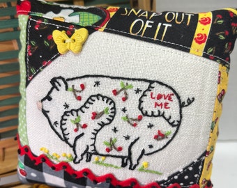 Mary Engelbreit Fabric Pin Cushion Hand Embroidered Pig Cherries Handmade Crazy Quilt