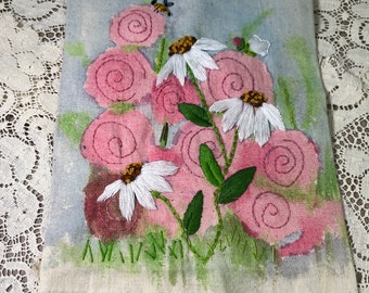 Floral Garden Watercolor & Embroidery Hand Stitched original Art