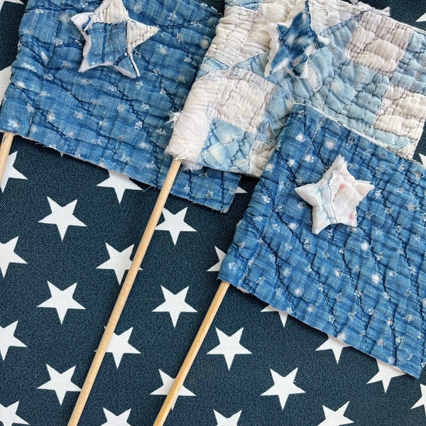 Antique Quilt Blue Flags tattered Vintage Blue and White July 4th Decor set of 3 primitive farmhouse decor