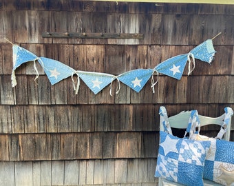 Antique Quilt Star Banner Garland Blue White Antique Grain Sack Farmhouse Primitive