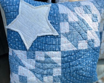 Antique Quilt Star Pillow Blue White Antique Grain Sack July 4th Farmhouse Primitive