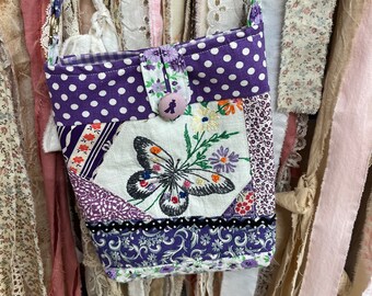 Cross Body Purse Vintage Feedsack Butterfly Embroidery Purple Button Closure Floral Crazy Quilt style Bag