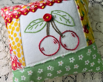 Liz Stevens Fabric Pin Cushion Hand Embroidered Cherries Handmade Crazy Quilt