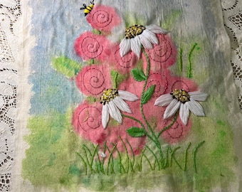 Floral Garden Watercolor & Embroidery Hand Stitched original Art