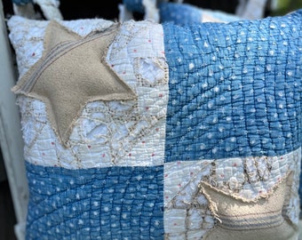 Antique Quilt Star Pillow Blue White Antique Grain Sack July 4th Farmhouse Primitive