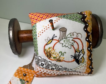 Fall Pumpkin Embroidery Pin Cushion Kit Lori Holt Fabric original Liz Stevens Embroidery design