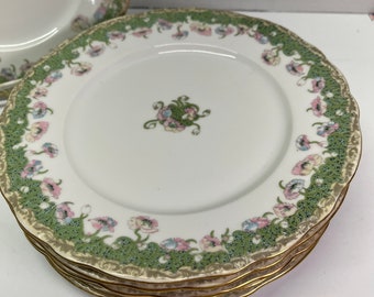 Limoges France Dinner Plate Pink Poppies with Green & Gold Trim set of 6 Vintage Cottage Core Granny Chic
