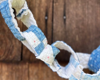 Antique blue white quilt chain garland 6’ primitive rustic cottage farmhouse