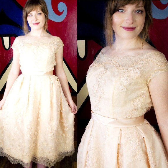 Harvey Berin Vtg 50s Pink Silk Chantilly Lace Prom