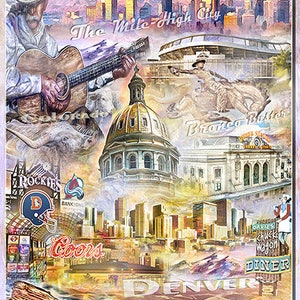 Puede incluir: Un collage colorido con el horizonte de Denver, incluyendo el letrero de Mile High City, el edificio del Capitolio del Estado y el logotipo de los Broncos. La imagen también incluye un vaquero tocando la guitarra, un logotipo de cerveza Coors y el texto "Denver".