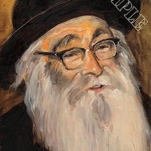 以下が含まれることがあります： 長い白いひげ、黒い帽子、眼鏡をかけた年配の男性の油絵の肖像画。絵は、金色の背景を持つ暖かい色のパレットを持っています。「SAMPLE」という単語が斜めに印刷されています。