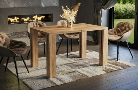 Dining table NISA 130-220 cm oak/MDF extendable expandable dining room table kitchen table black modern design table legs with clear glass stripes