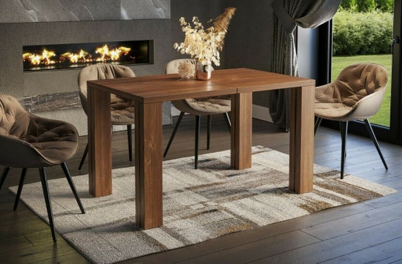 Dining table NISA 130 -175 cm oak/MDF extendable expandable dining room table kitchen table black modern design table legs with clear glass stripes