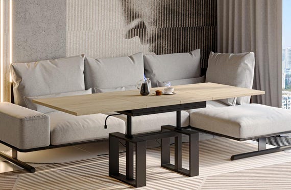 Coffee table EMPOLI 110-170 cm MDF/oak extendable and height-adjustable living room table functional coffee table sofa table modern design