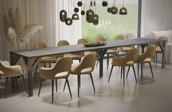 XXL dining table DUNAJ 130-350 cm oak/MDF extendable expandable dining room table kitchen table four-legged table metal frame black modern design