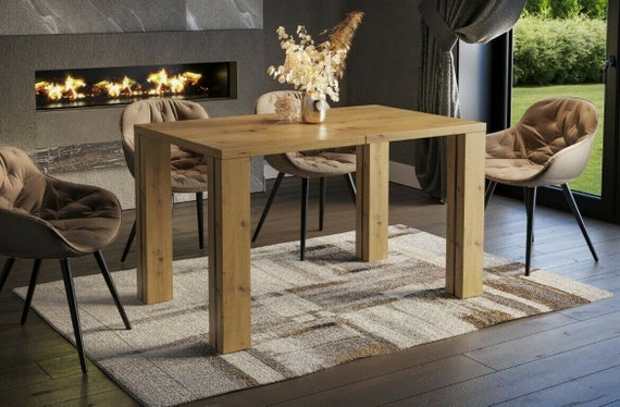 Dining table NISA 80-170 cm oak/MDF extendable expandable dining room table kitchen table black modern design table legs with clear glass stripes