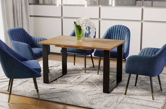 Dining table CORA 130-210 cm oak/MDF dining room table extendable expandable kitchen table metal frame sled table metal runners