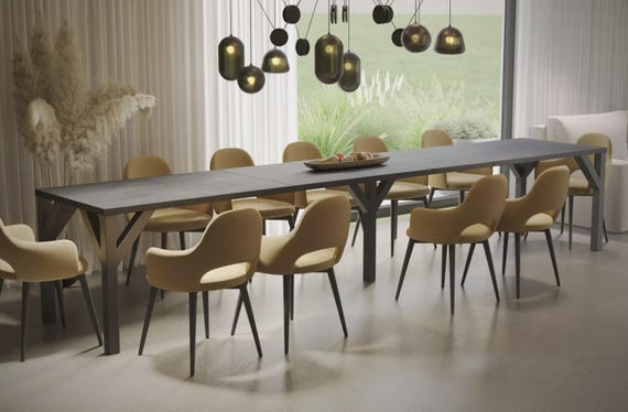 XXL dining table DUNAJ 130-240 cm oak/MDF extendable expandable dining room table kitchen table four-legged table metal frame black modern design