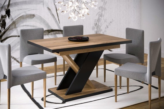 Dining table NEXT 140-220 cm oak Wotan / black matt oak/MDF extendable expandable dining room table kitchen table pillar table black modern