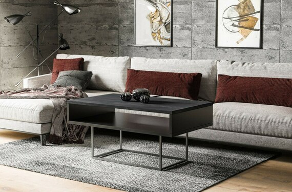 Coffee table ENNA 100x60x50 cm MDF/oak living room table sofa table with shelf modern design two-tone metal frame