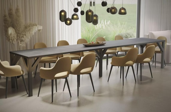 XXL dining table DUNAJ 130-405 cm oak/MDF extendable expandable dining room table kitchen table four-legged table metal frame black modern design