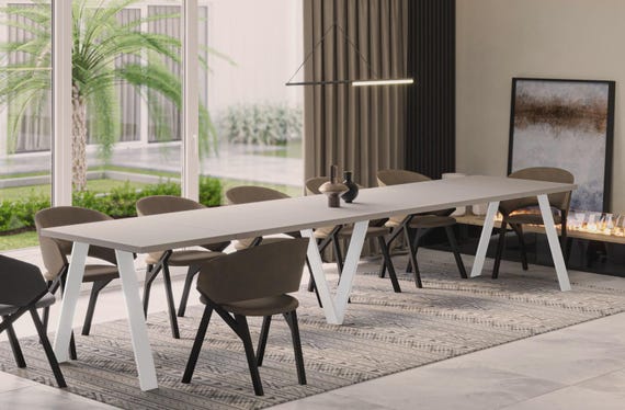 XXL dining table Lungo 130-405 cm cashmere beige white / MDF extendable backdrop table dining room table