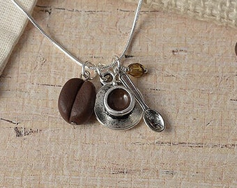 Coffee bean, coffee cup and teaspoon pendant - great gift for coffee lovers