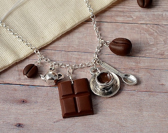 Coffee beans, teapot, chocolate, coffee cup & teaspoon necklace - great gift for coffee lovers