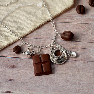 Coffee beans, teapot, chocolate, coffee cup & teaspoon necklace - great gift for coffee lovers