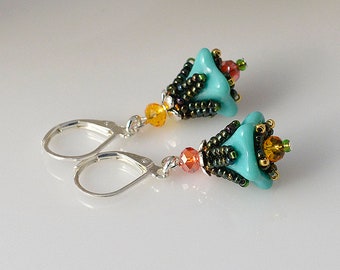 Turquoise Fairy flowers beadwoven earrings -1