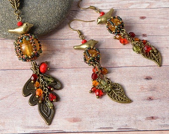 Autumn berries, leaves & birds - beadwoven jewelry set in yellow, orange, green