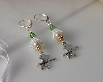 Snow drop beadwoven flower earrings with bird