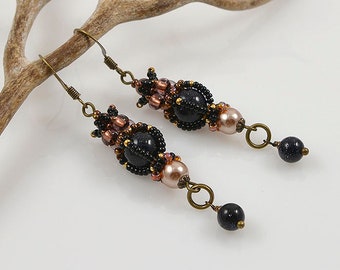 Starry night  Beadwoven earrings with blue goldstone