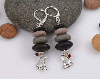 Pebble Cairn traveler's earrings with bare foot charm