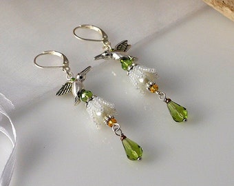 Snow drop beadwoven flower earrings with hummingbird